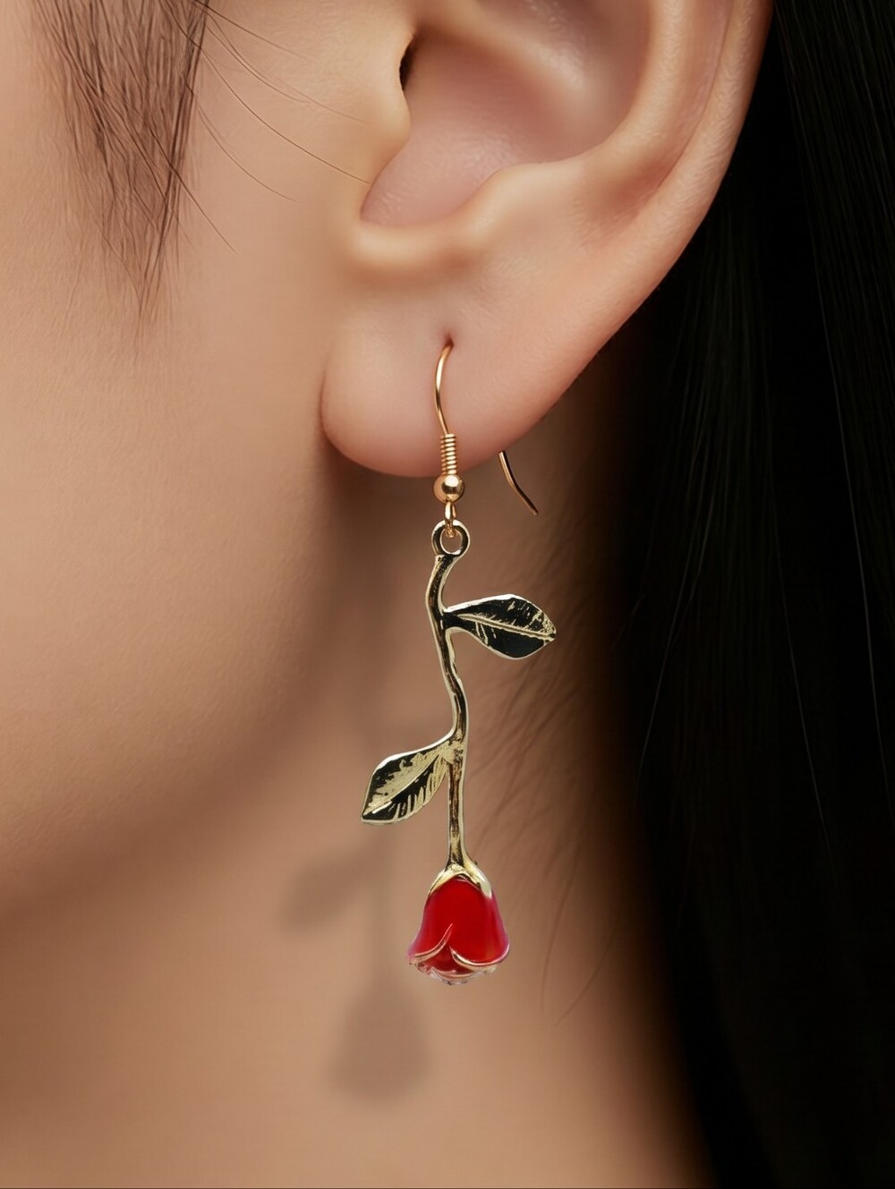 Enchanted Rose Stem Earrings Gold Red Fairytale Romantic Dangle Jewelry Princess
